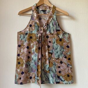 Theory Olethia Marble Flower 100% Silk Tie-Neck Blouse Size M